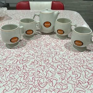 Vintage Sanka Brand 97% Caffein Free Coffee Advertising Pot with 4 Matching Cups